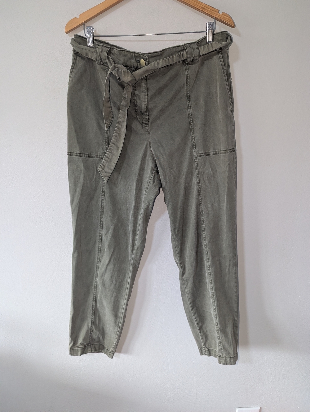 XL Joie Green Tapered Belted Cotton Tencel Pants